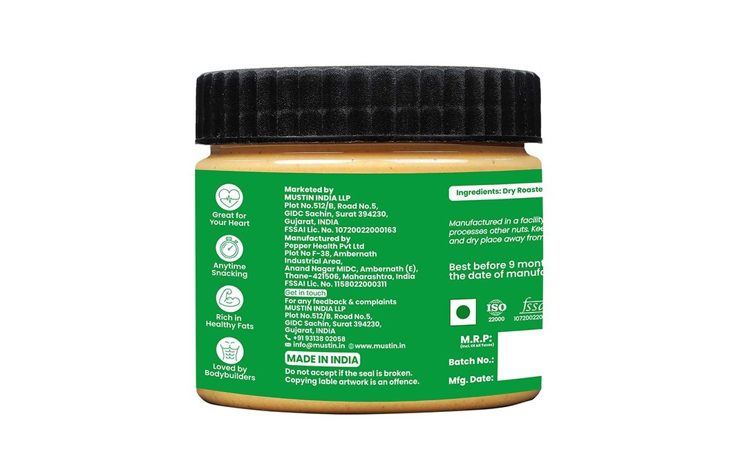 Mustin 100% Raw Peanut Butter Chunky   Plastic Jar  340 grams